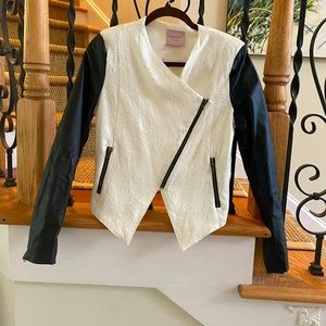 Romeo and Juliet Couture Black Vegan Leather and White Brocade Moto Jacket